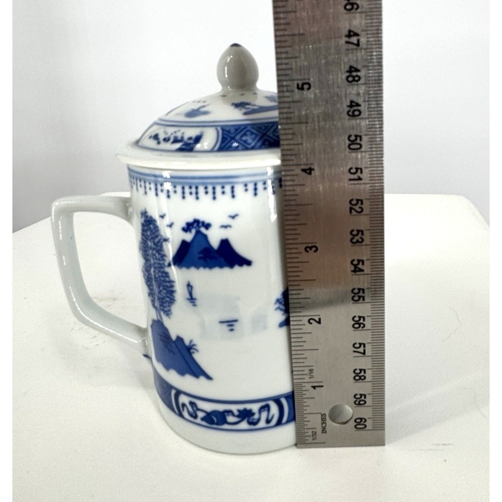 Blue & White Porcelain Pagoda Landscape Lidded Mug Tea Coffee Cup - Picture 4 of 14